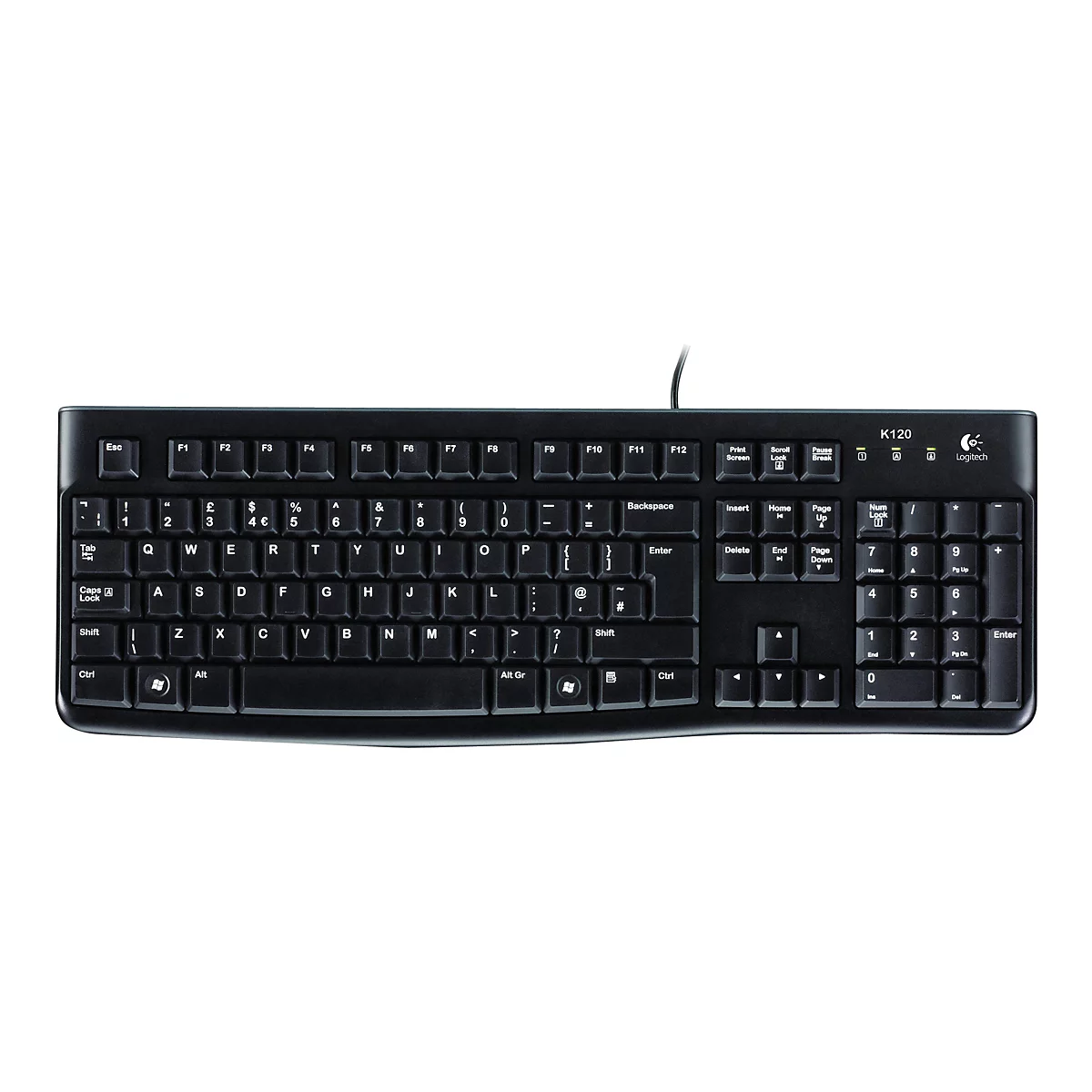Schwarze Logitech K120 Tastatur mit weißen Beschriftungen, isoliert auf weißem Hintergrund.