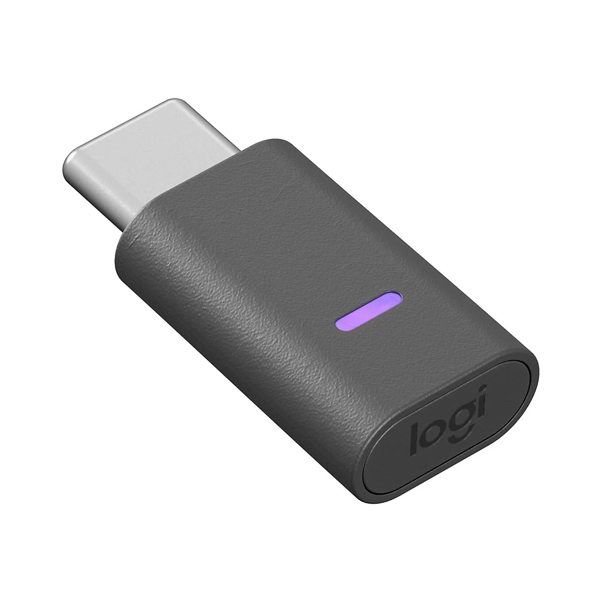 Grauer USB-C-Adapter mit lila Licht. Logi-Logo.