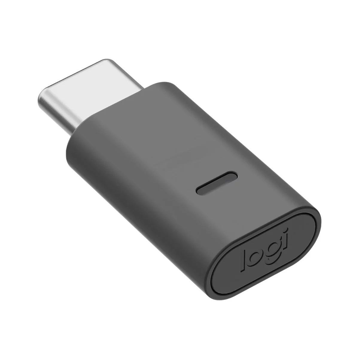 Grauer USB-C-Adapter. An einem Ende ein silberner Stecker, am anderen das Logitech-Logo.