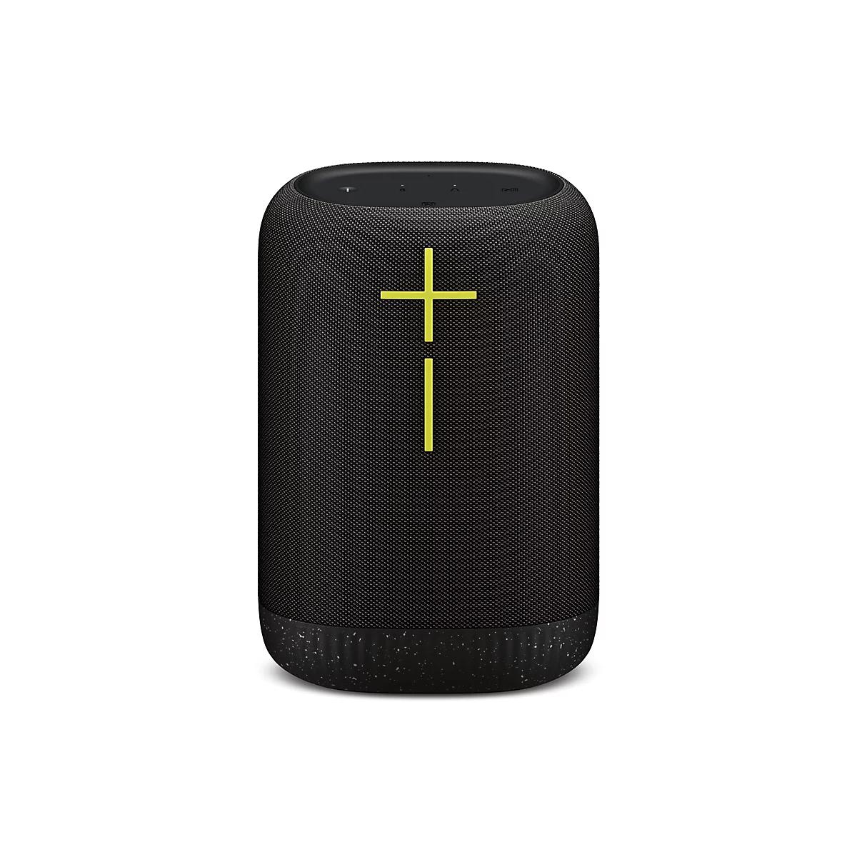 Haut-parleur noir et cylindrique avec un signe plus jaune. Partie inférieure marbrée. Sur fond blanc.