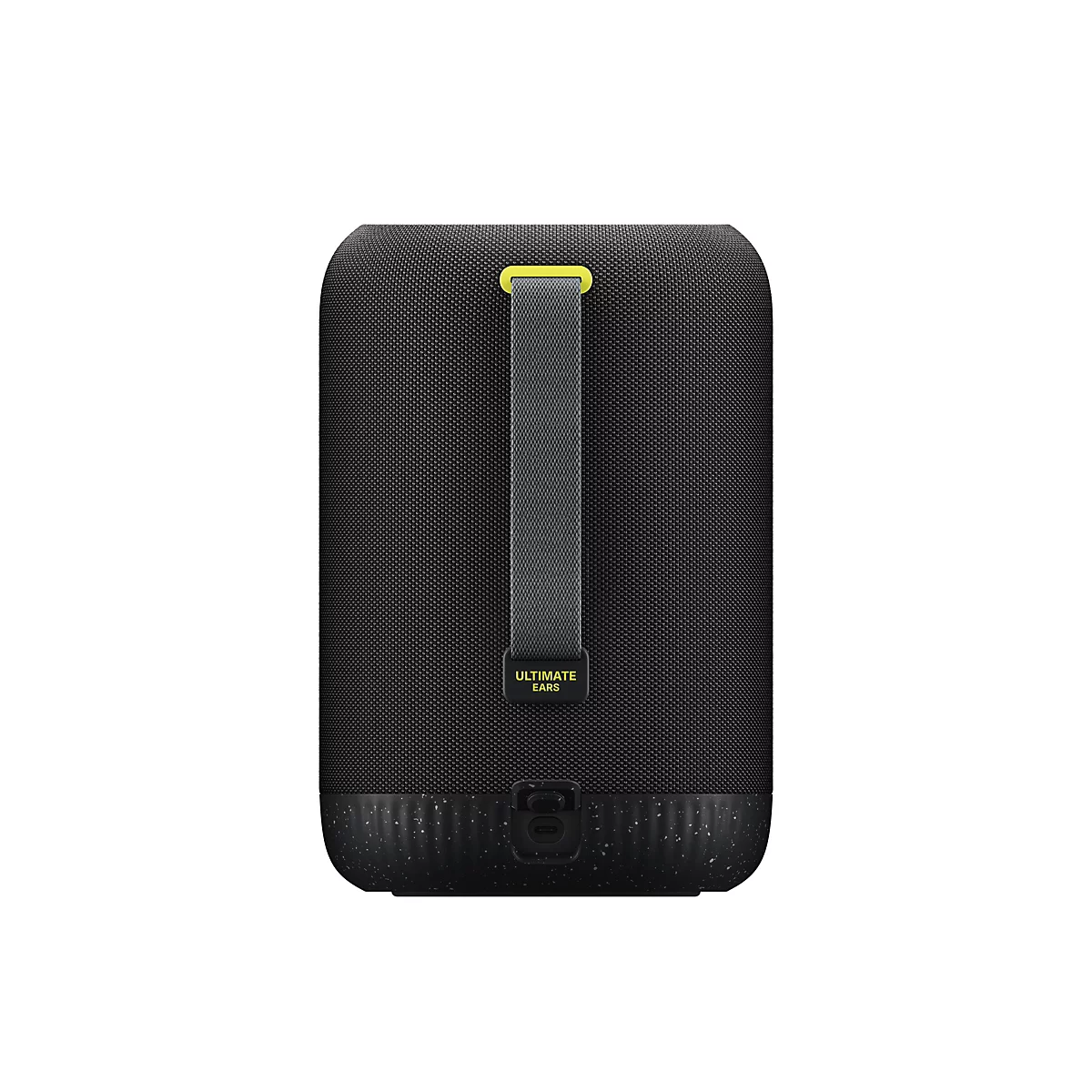 Haut-parleur noir avec une sangle de transport. Le haut-parleur a un motif grossier, une boucle jaune et l'inscription "ULTIMATE EARS".