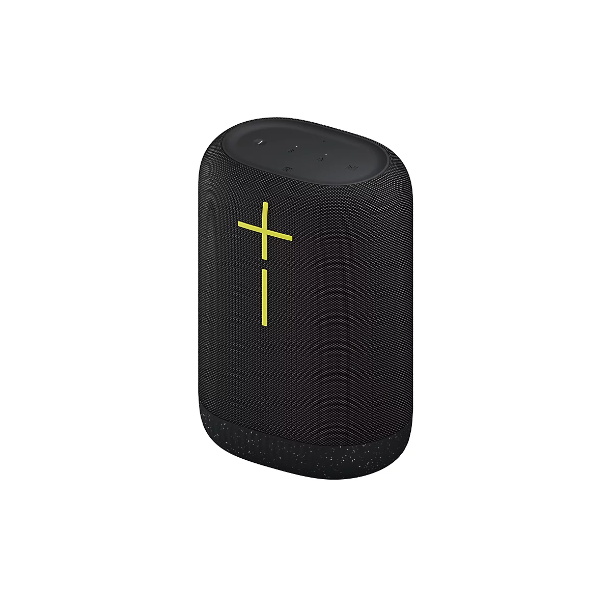Haut-parleur noir de forme ovale avec un signe plus-moins jaune. Des commandes sont situées en haut.