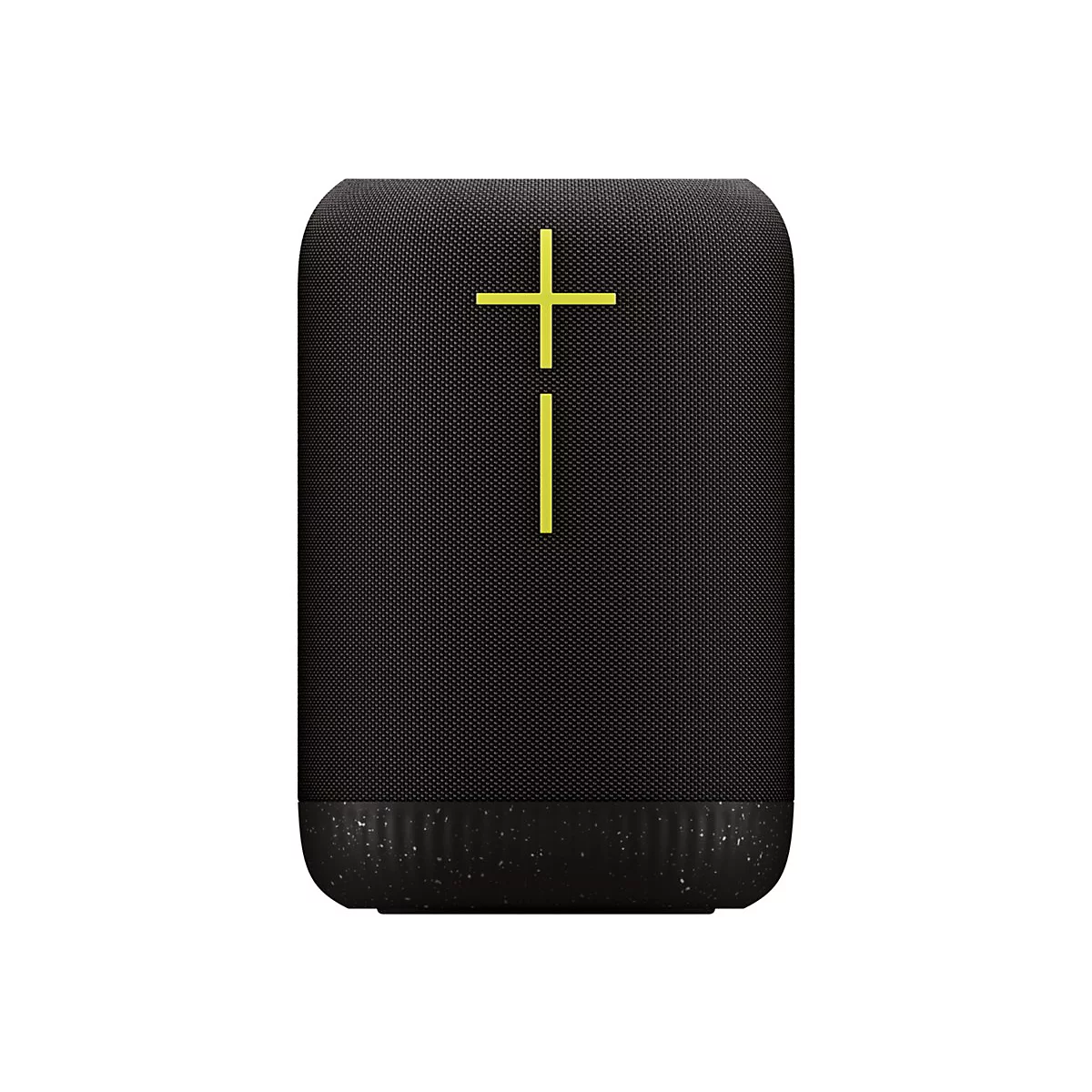 Haut-parleur noir avec des signes plus et moins jaunes. Partie inférieure avec un motif moucheté.