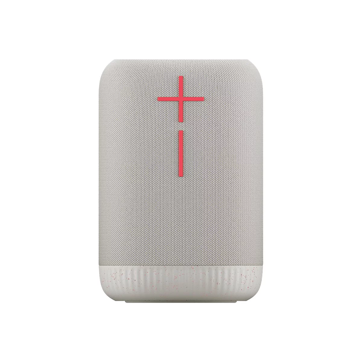 Enceinte Bluetooth gris clair avec symbole de croix rouge. Partie inférieure avec des mouchetures rose clair, forme arrondie.