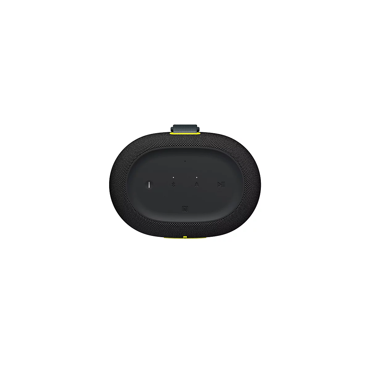 Draufsicht auf einen schwarzen, ovalen Bluetooth-Lautsprecher mit gelben Akzenten und Bedienelementen.
