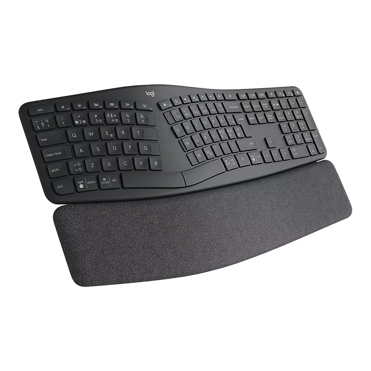 Schwarze, ergonomische Tastatur mit Handballenauflage. Das Logitech-Logo ist oben links.