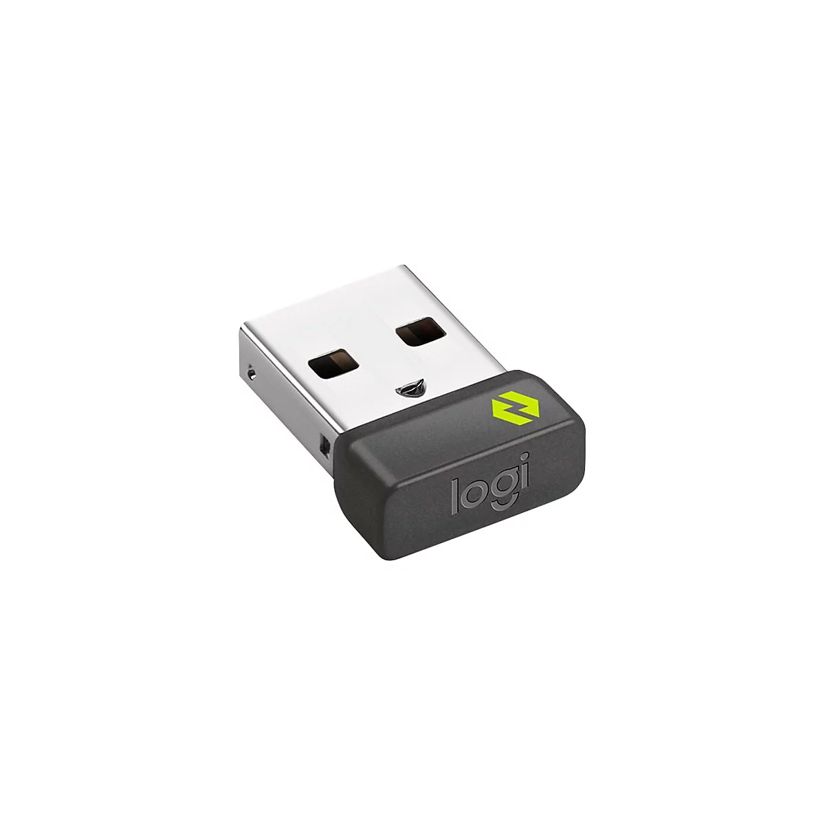 Ein schwarzer USB-EmpfÃ¤nger mit silbernem Stecker. Auf dem GehÃ¤use steht Logi.