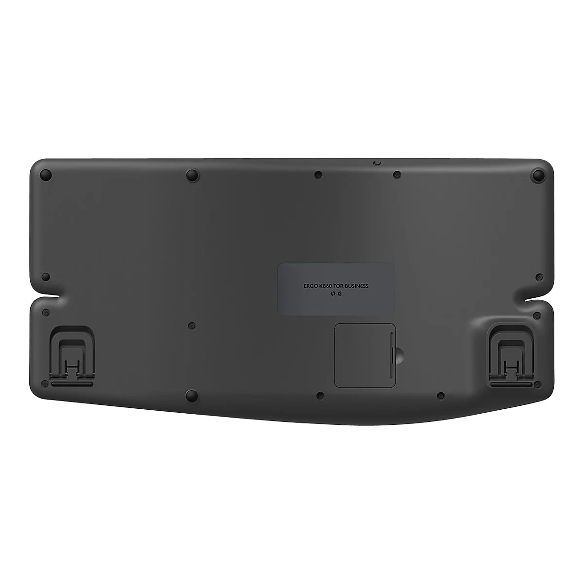Schwarze Tastatur von unten, mit Batterieabdeckung und AufstellfÃ¼ÃŸen.