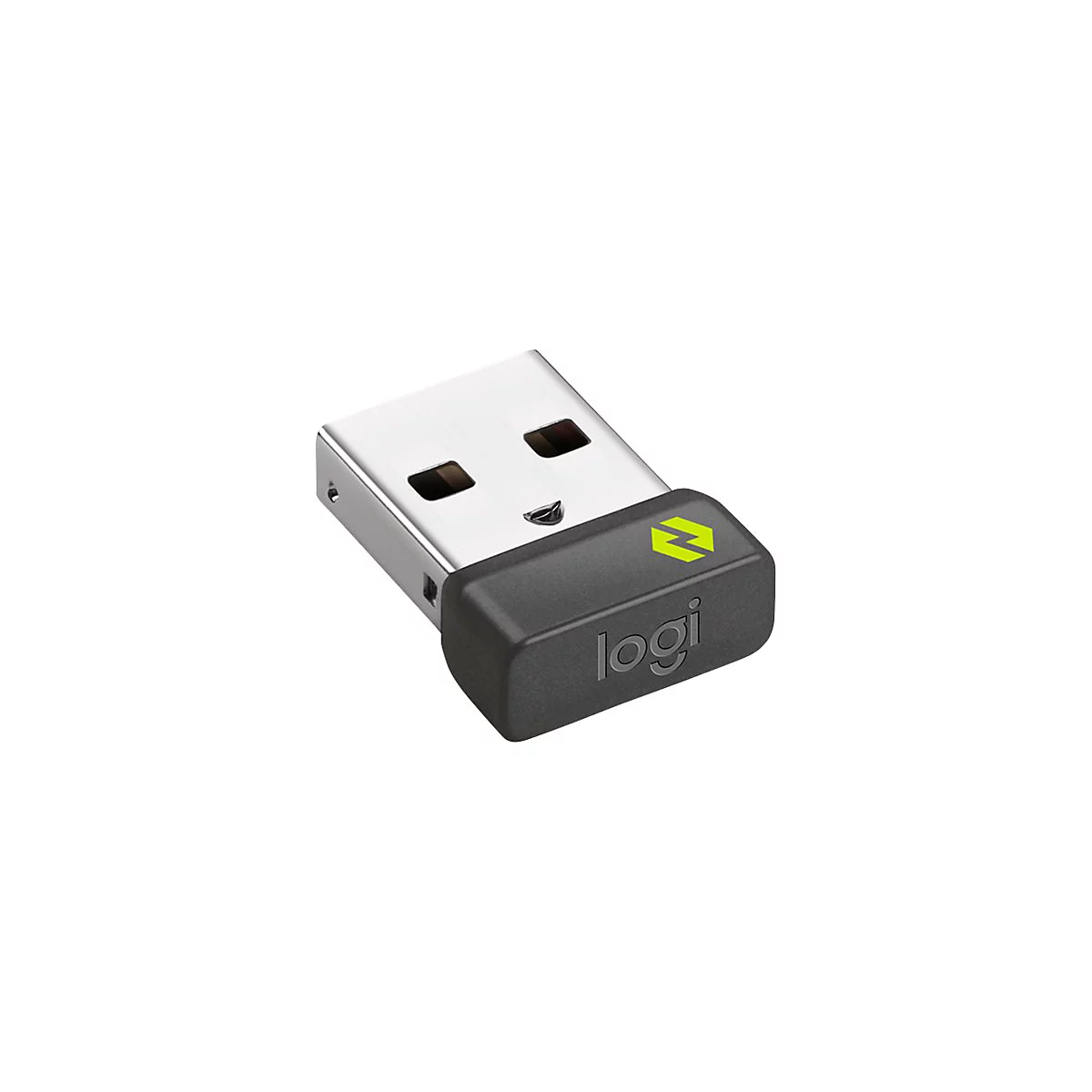 USB-Dongle mit Metallstecker und grauem PlastikgehÃ¤use, Logo 'Logi' und grÃ¼nes Blitzsymbol.