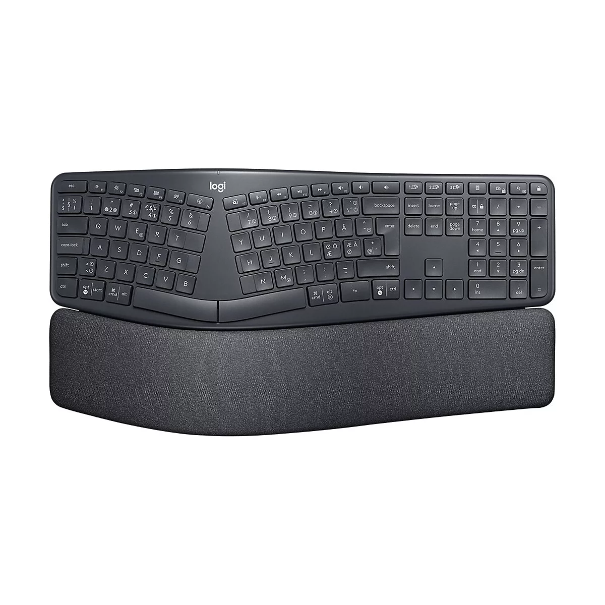 Ergonomische Tastatur mit Handgelenkauflage, anthrazitfarben auf weiÃŸem Hintergrund.