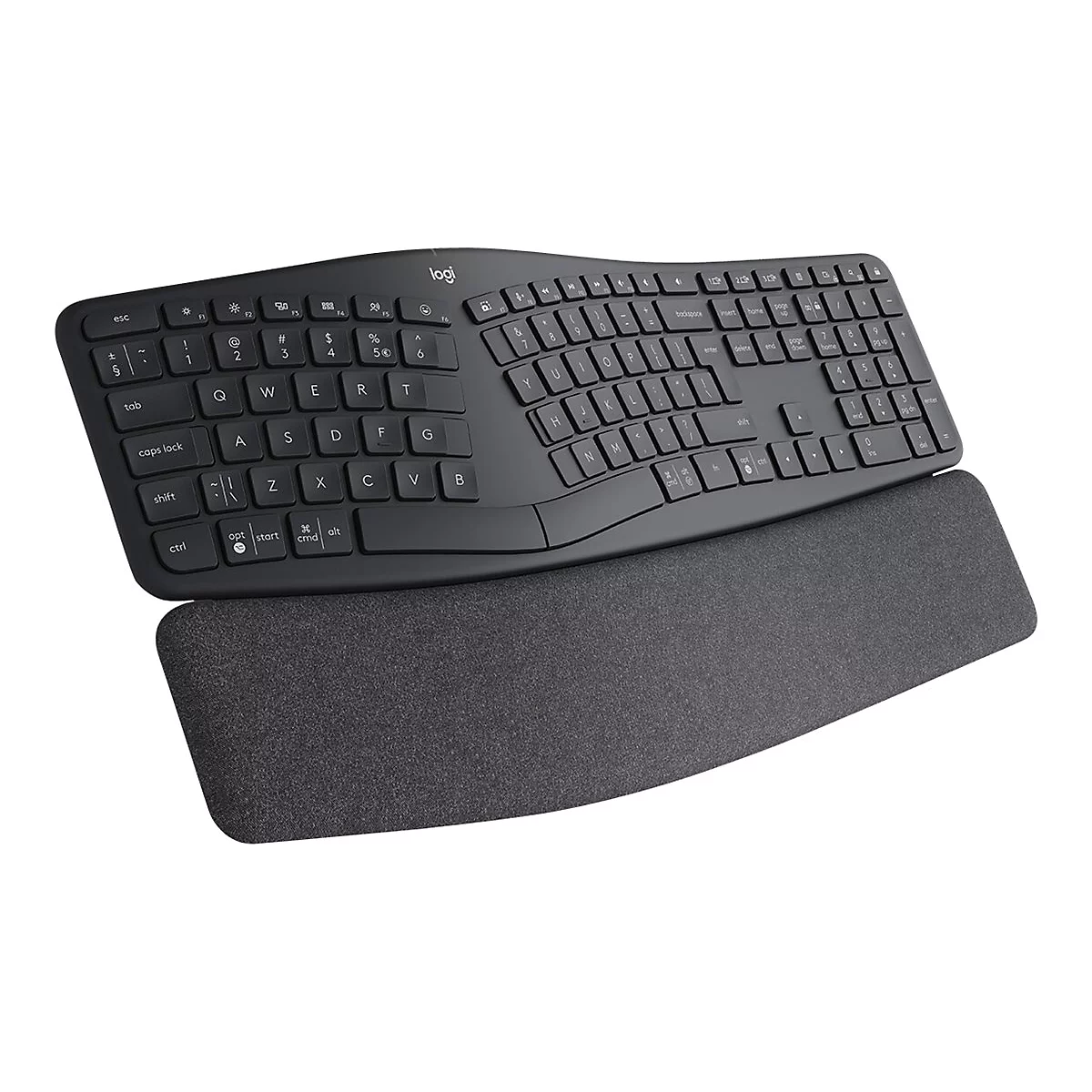 Schwarze, ergonomische Tastatur mit Handgelenkauflage. Buchstaben und Logos sind zu erkennen.