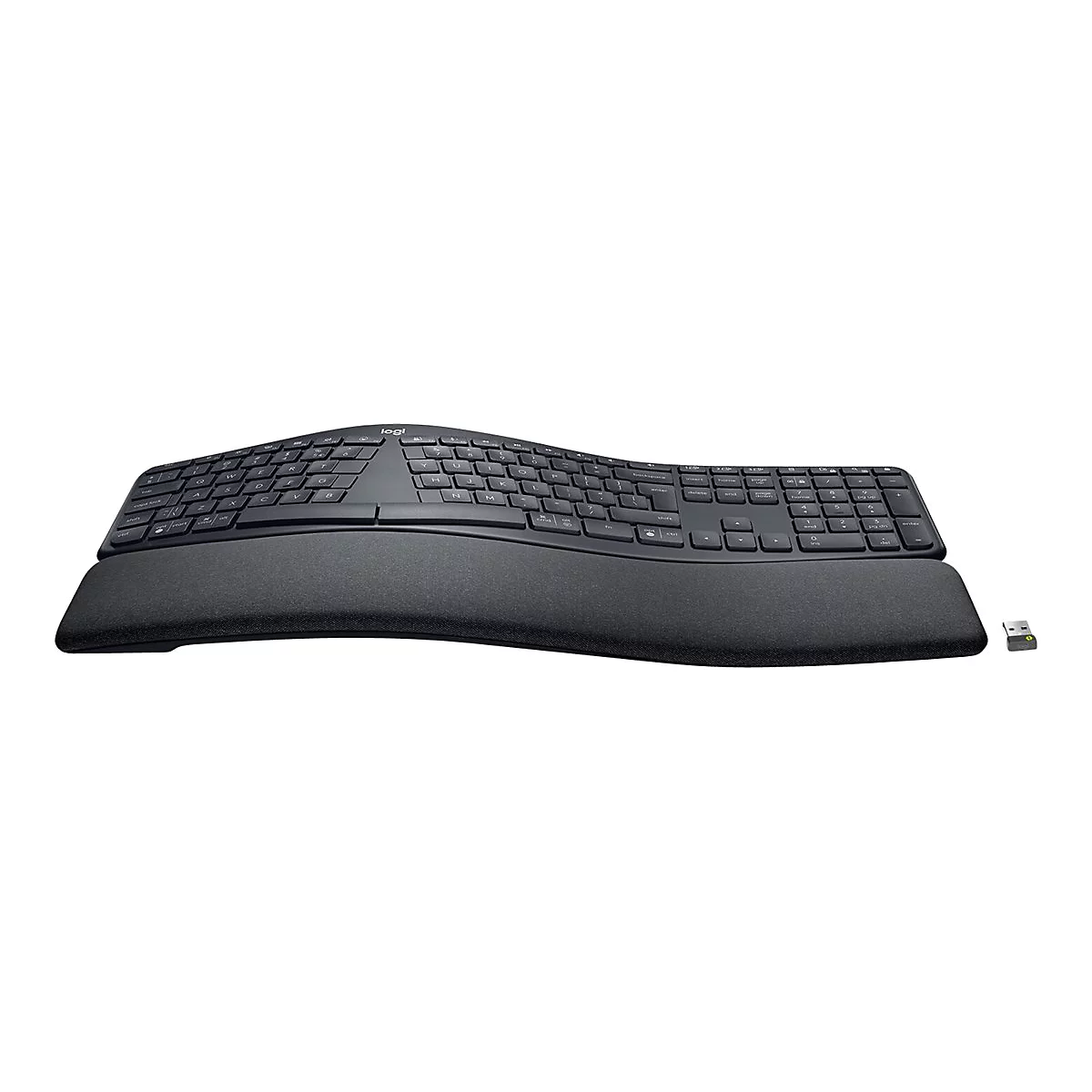Schwarze, ergonomische Tastatur mit Handgelenkauflage und USB-EmpfÃ¤nger auf weiÃŸem Hintergrund.