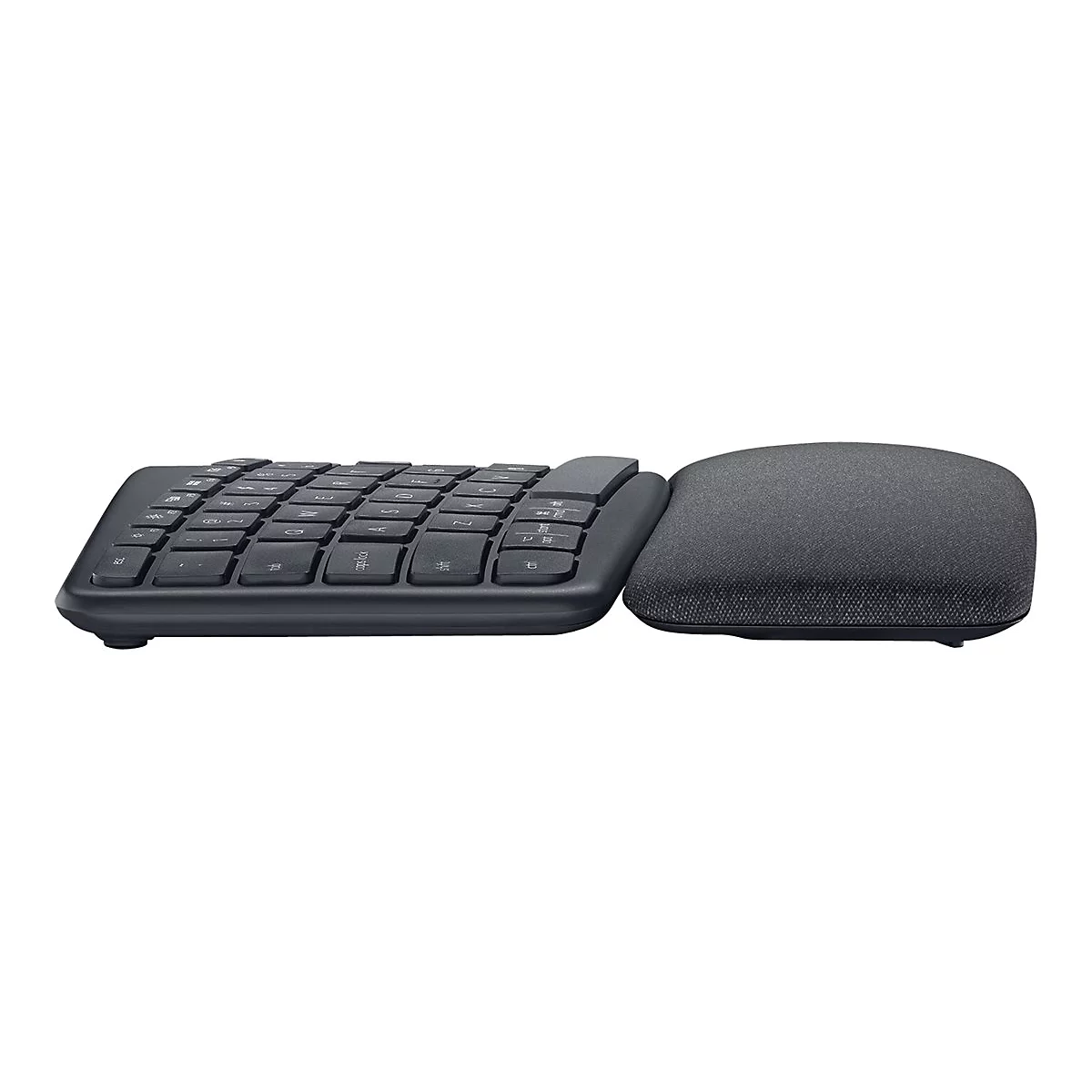 Ergonomische Tastatur in Dunkelgrau mit Handgelenkauflage. Auf weiÃŸem Hintergrund.