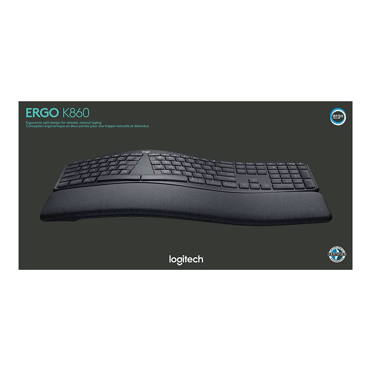 Ergonomische, geteilte Tastatur in Schwarz mit Handgelenkauflage, vor dunklem Hintergrund. Text: ERGO K860.