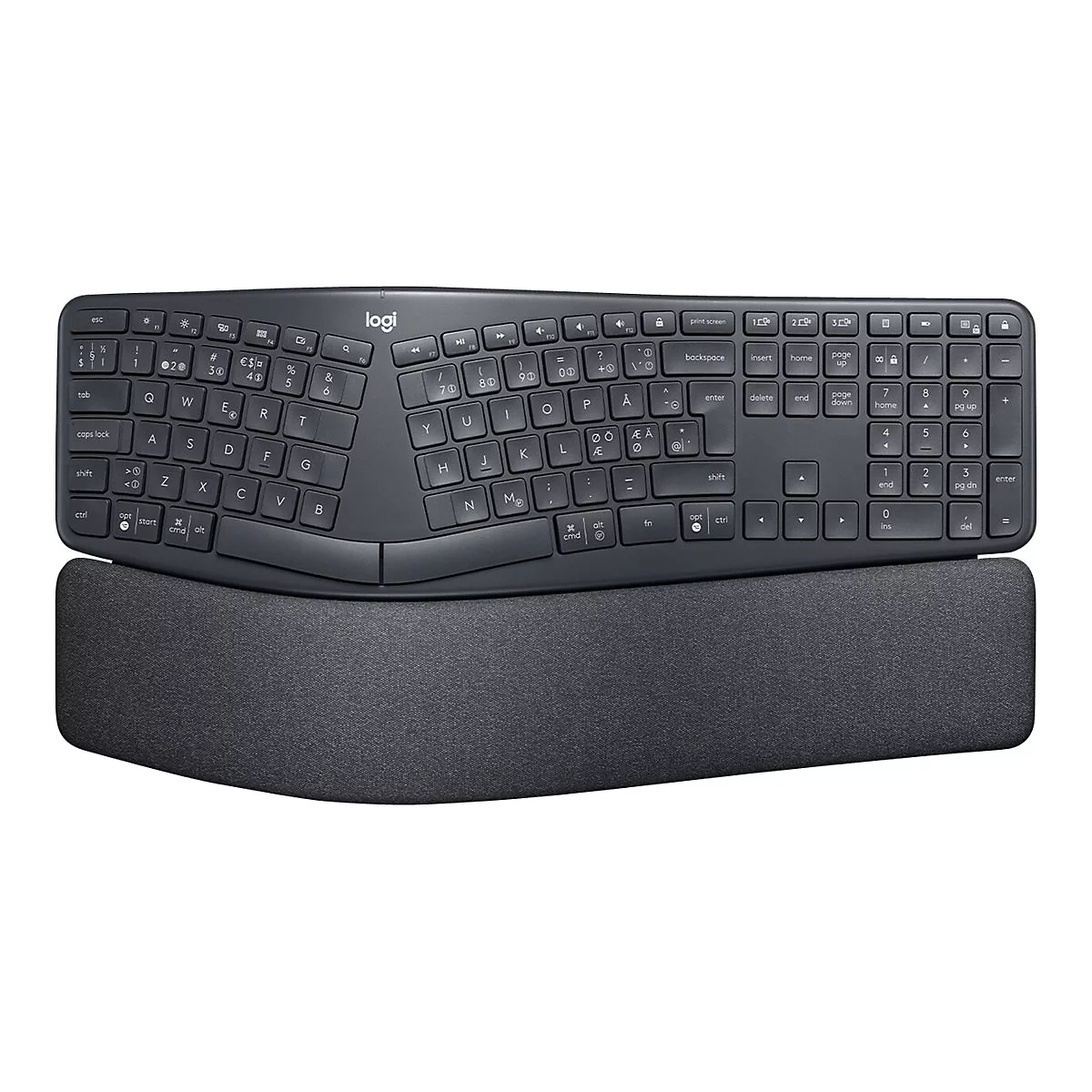 Eine ergonomische, graue Tastatur mit Handgelenkauflage. Auf der Tastatur sind Buchstaben, Zahlen und Sonderzeichen in weißer Schrift zu sehen. Das Logo 'Logi' ist oben rechts platziert.