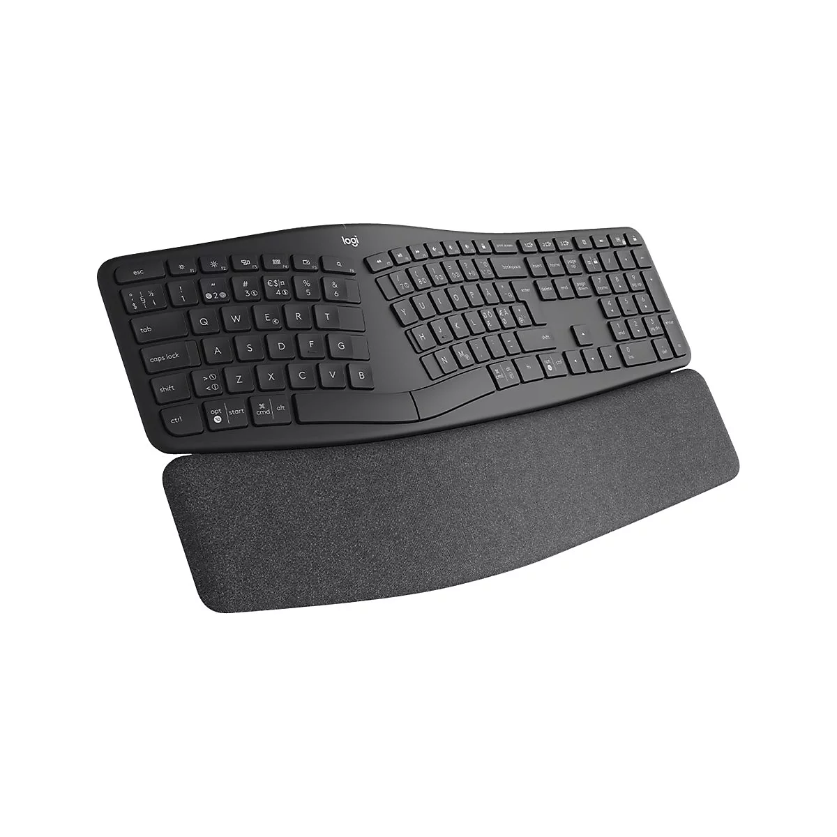 Schwarze ergonomische Tastatur mit Handgelenkauflage. Tastatur-Layout und Logo erkennbar.