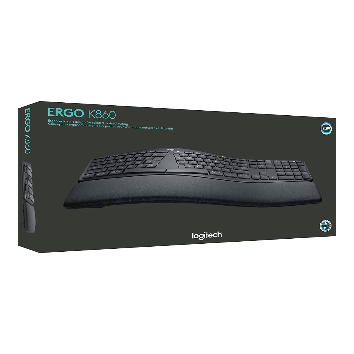 Schwarze ergonomische Tastatur auf einer Verpackung. Text auf der Verpackung: ERGO K860, logitech. Zertifizierungslogos.