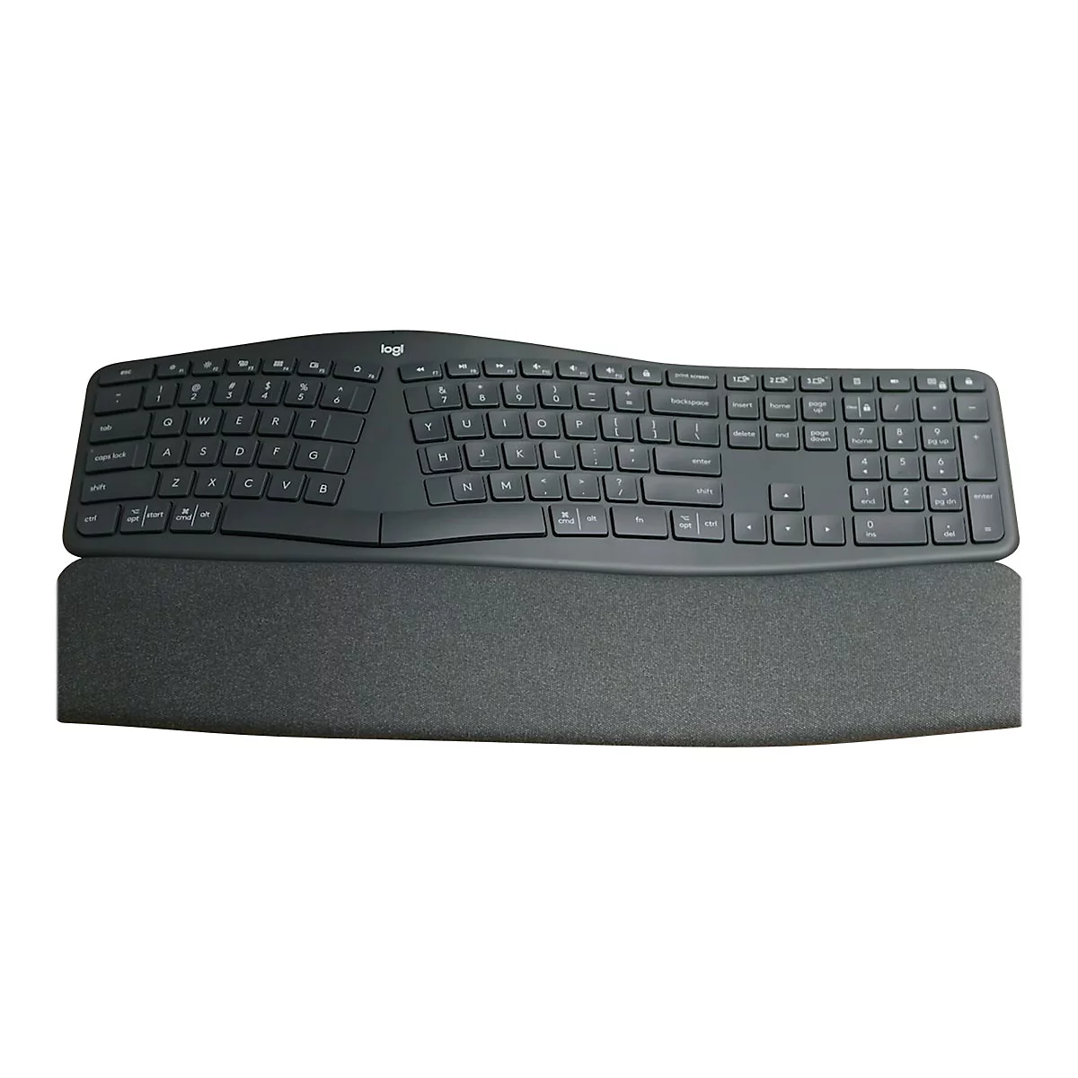 Schwarze, ergonomische Tastatur mit Handauflage, isoliert auf weißem Hintergrund. Mit Logi-Logo.