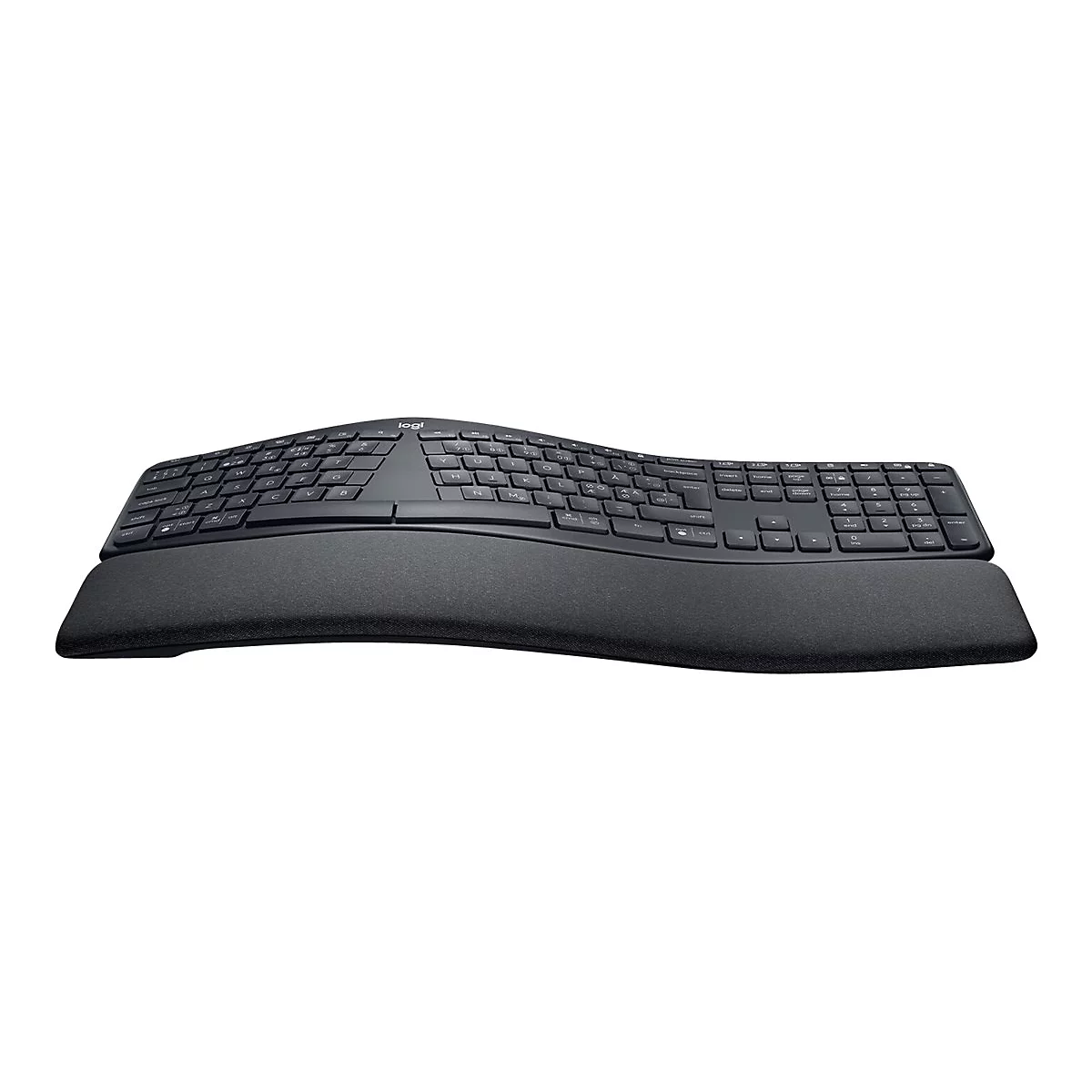 Ergonomische Tastatur, schwarz, mit Handballenauflage. Auf der Tastatur ist das Logo „logi“ zu sehen.