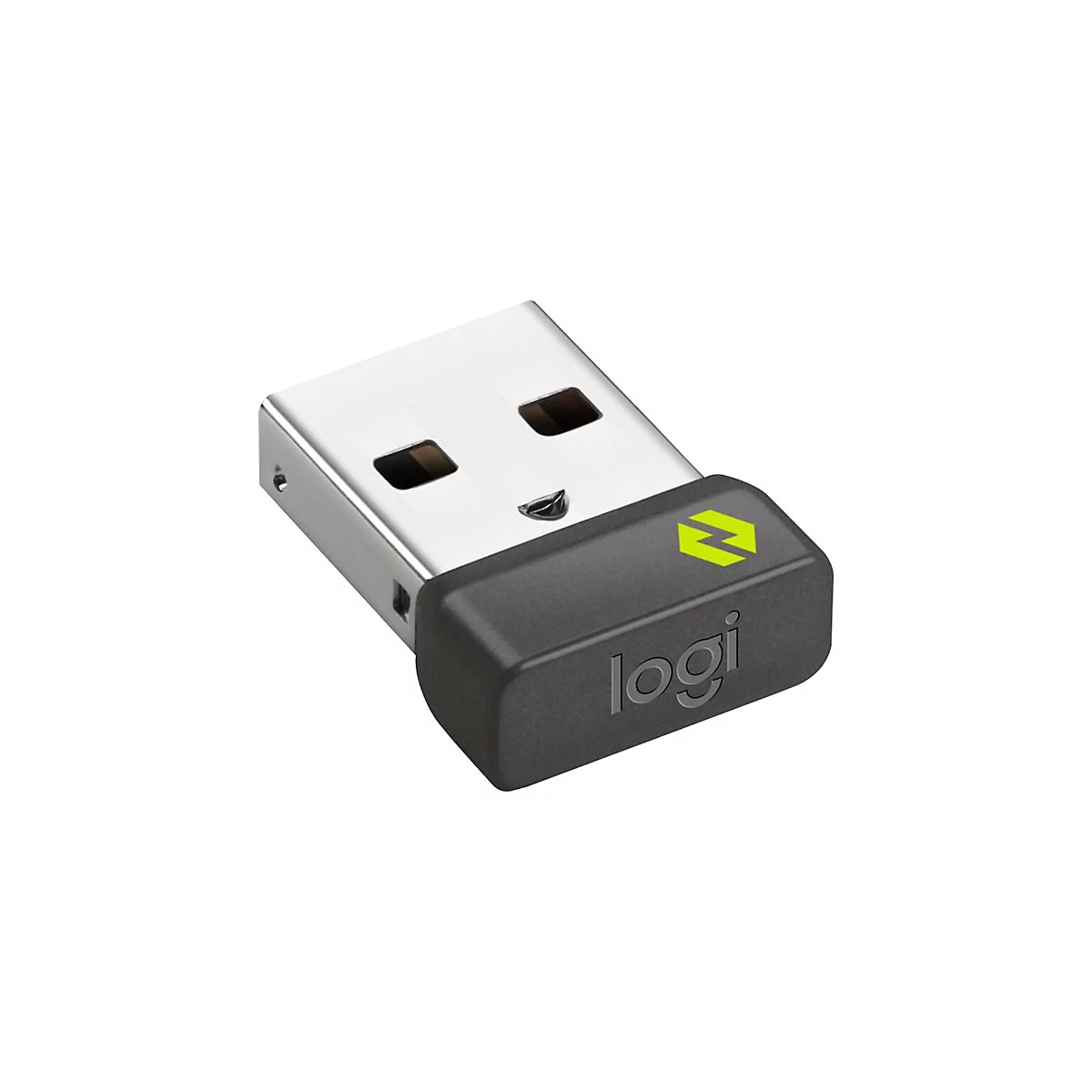 Gros plan d'un dongle USB Logitech. Le dongle a un corps en plastique gris avec le mot Logi. L'extrÃ©mitÃ© USB est argentÃ©e.