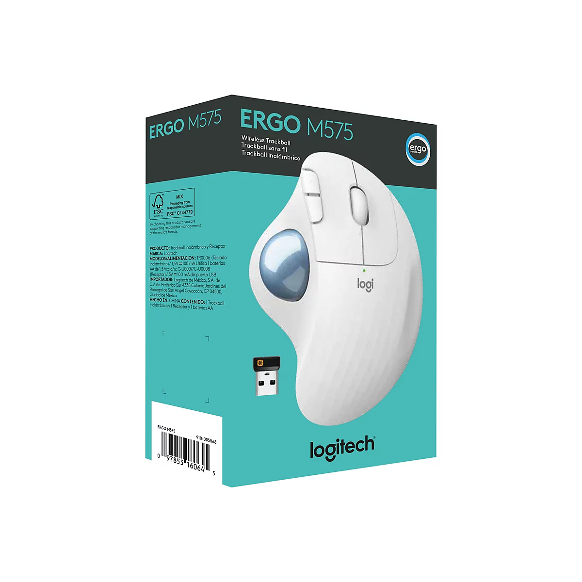 Logitech ERGO M575 - Trackball - 2.4 GHz, Bluetooth 5.0 LE - Off White