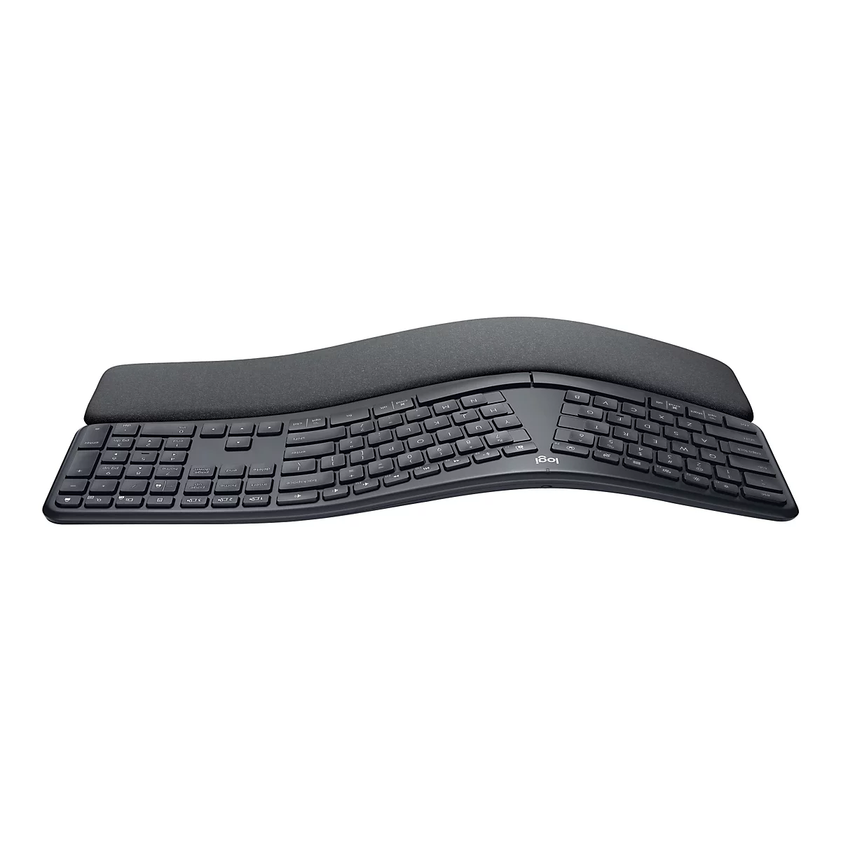 Ergonomische Tastatur mit Handgelenkauflage, gebogen, schwarz.