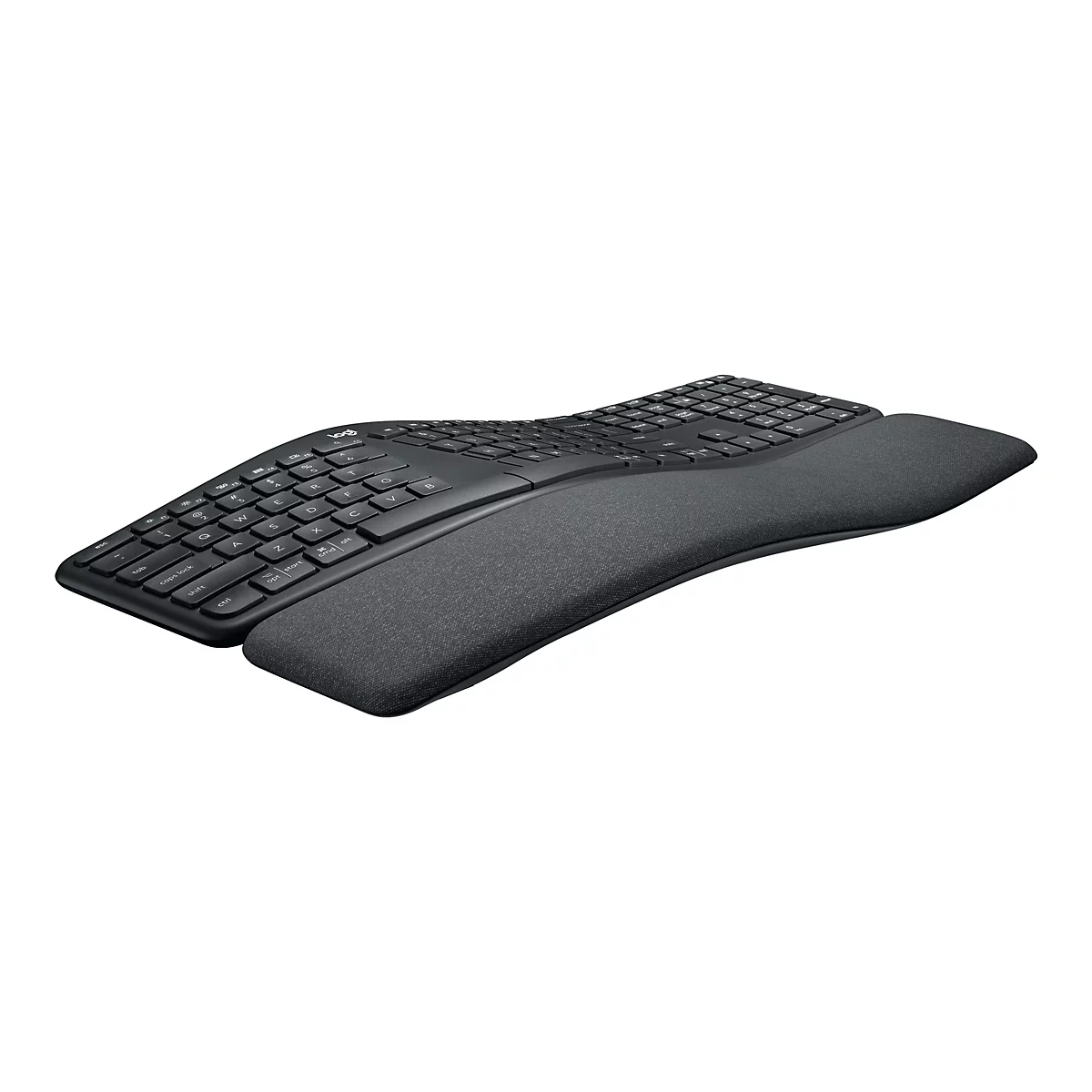 Ergonomische, schwarze Tastatur mit Handgelenkauflage, vor weiÃŸem Hintergrund.