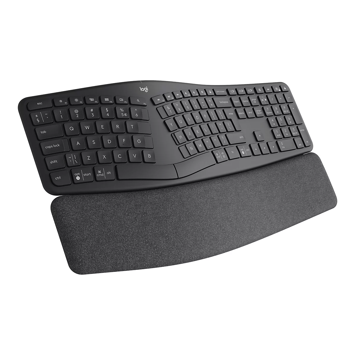 Ergonomische schwarze Tastatur mit Handgelenkauflage. Das Logitech-Logo ist oben.