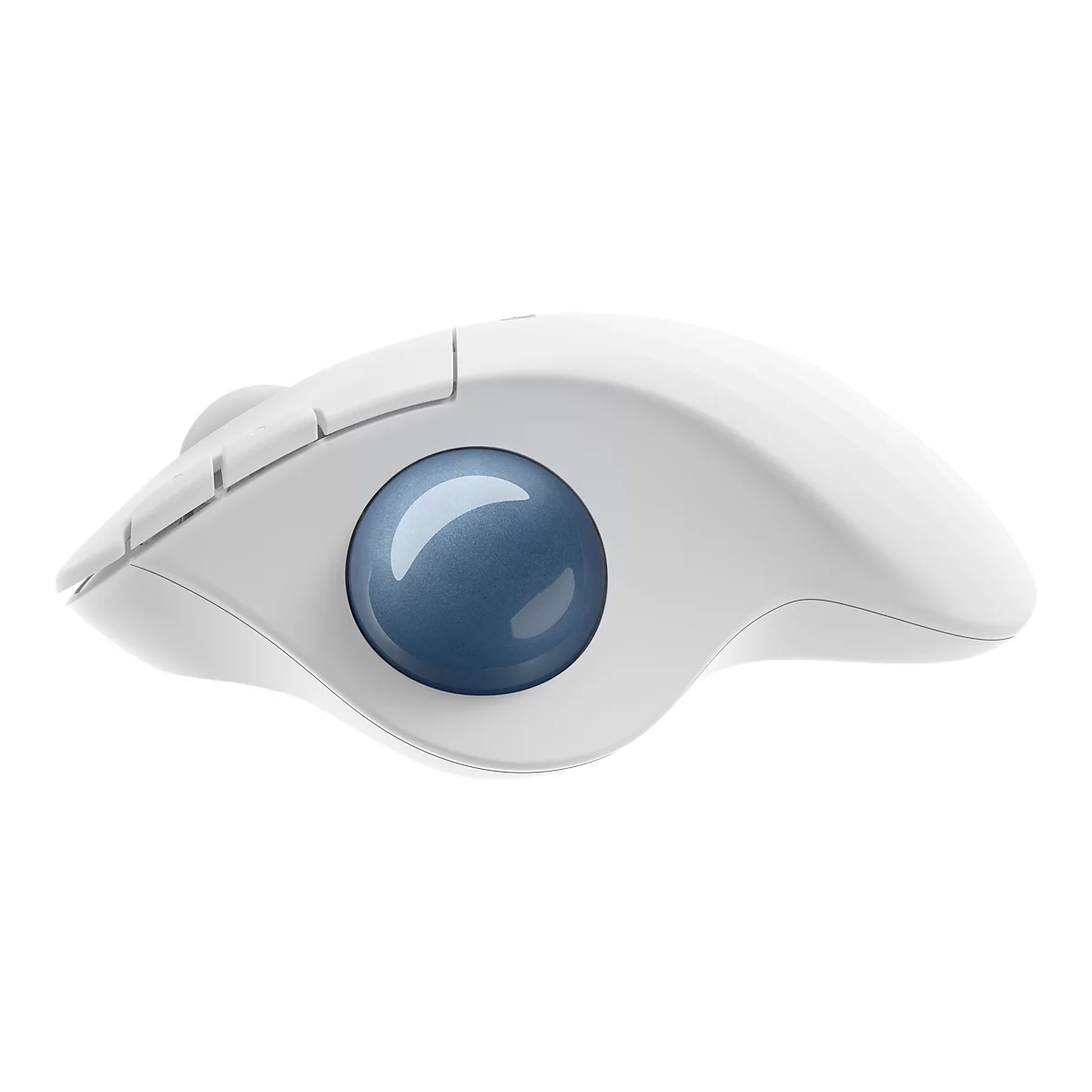 Drahtlose ergonomische Maus in Weiß. Sie hat eine blaue Trackball-Kugel und mehrere Tasten.