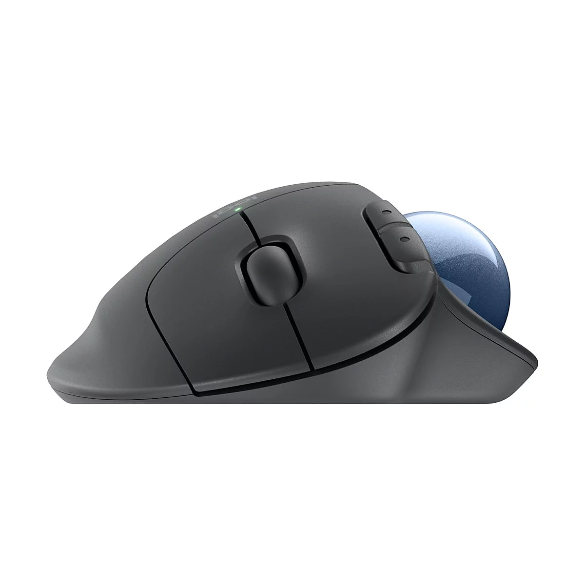 Drahtlose Trackball-Maus in Dunkelgrau mit blauer Kugel und weißen Hintergrund. Die Maus hat ergonomische Form, Tasten und ein Scrollrad.
