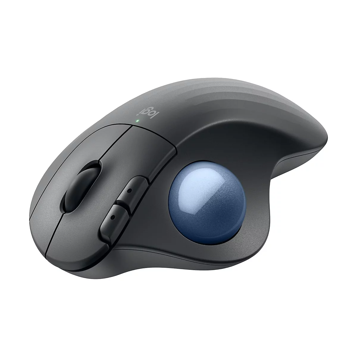 Drahtlose ergonomische Maus mit blauer Trackball-Kugel.