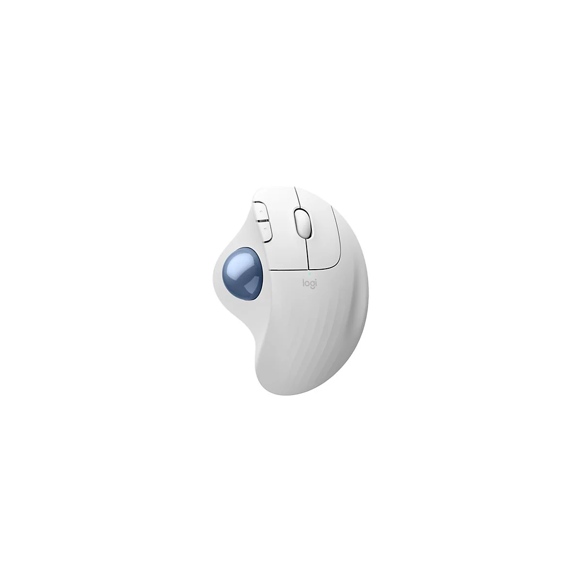 Weisse ergonomische Maus mit blauer Trackball-Kugel und Logitech-Logo.