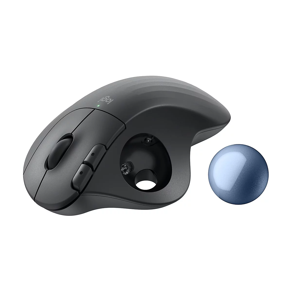 Drahtlose ergonomische Maus mit Trackball und zwei Tasten. Neben der Maus liegt eine blaue Kugel.