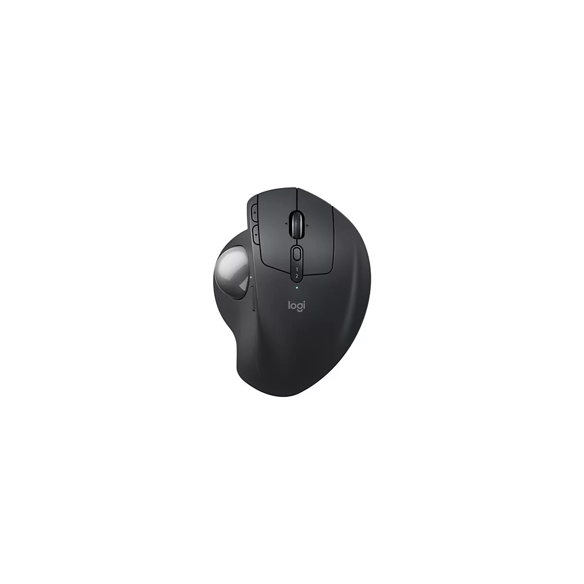 Drahtlose ergonomische Maus in Schwarz, mit Trackball. Oben sind Tasten und ein Scrollrad, Herstellerlogo.