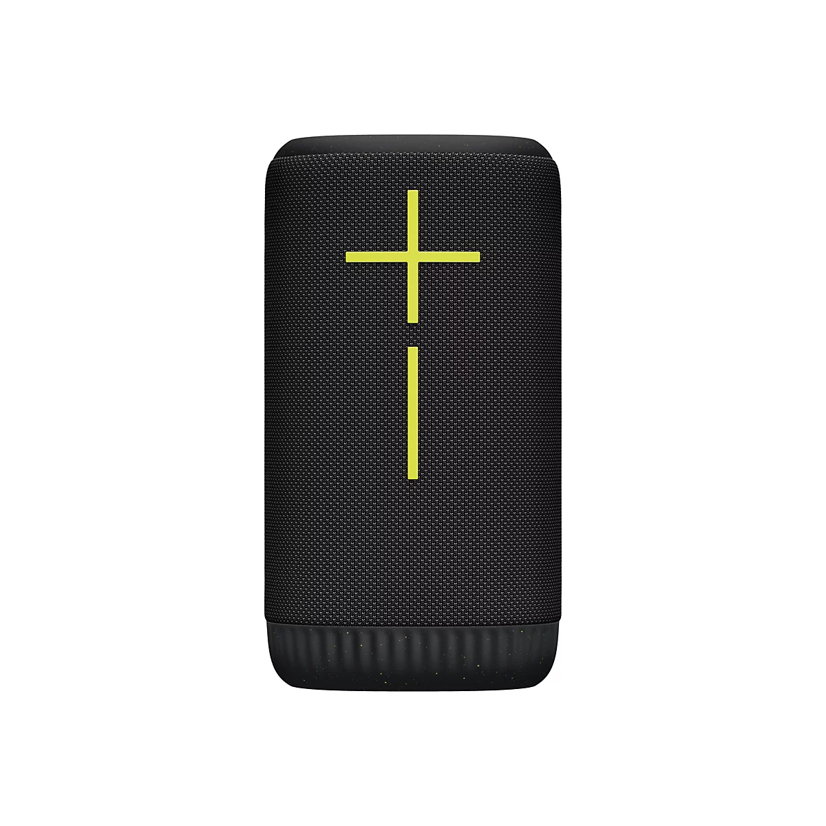 Haut-parleur cylindrique noir avec un signe plus jaune. Sur fond blanc.