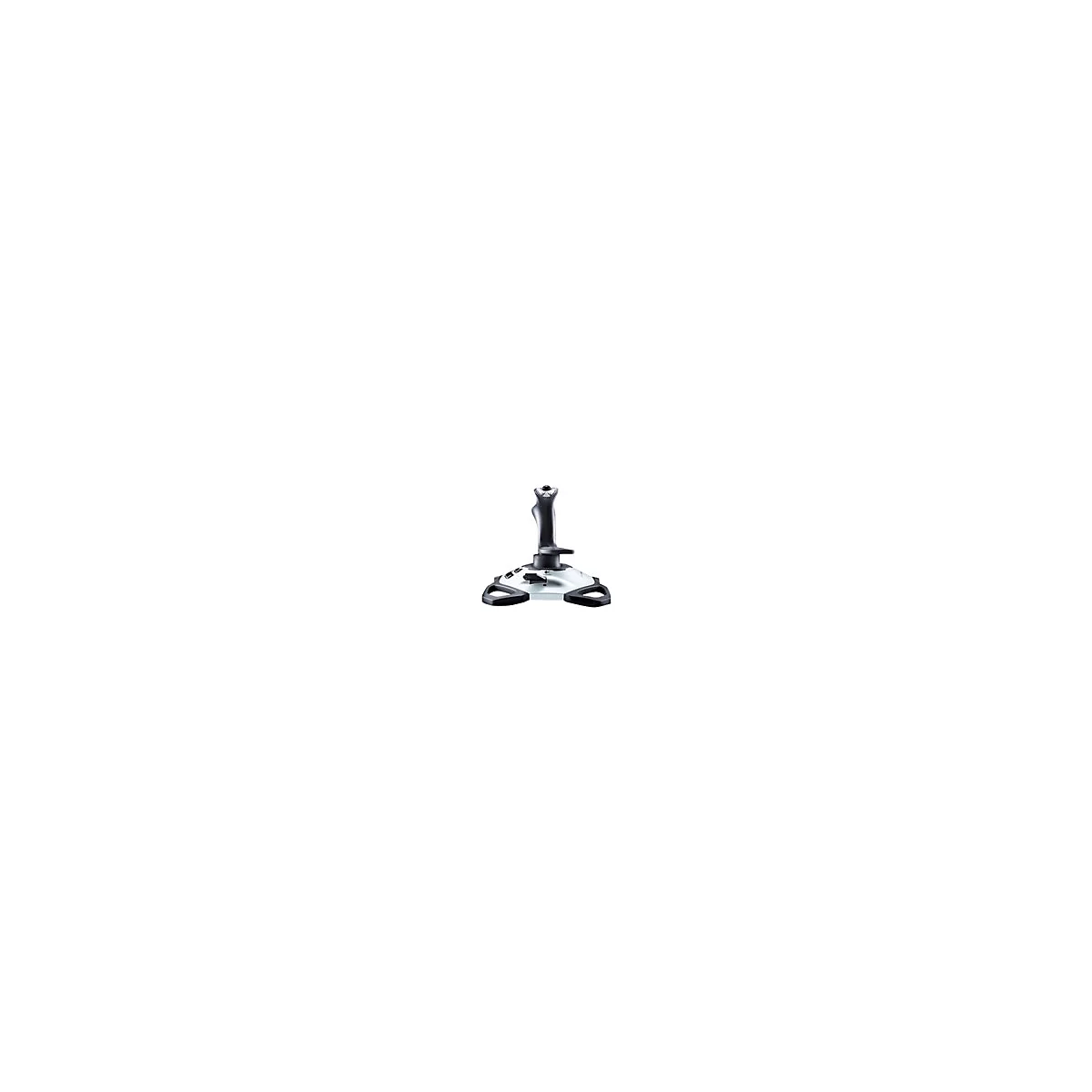 Ein Joystick, grau-schwarz, auf weiÃŸem Hintergrund. Er hat einen Griff, KnÃ¶pfe und einen breiten StandfuÃŸ.