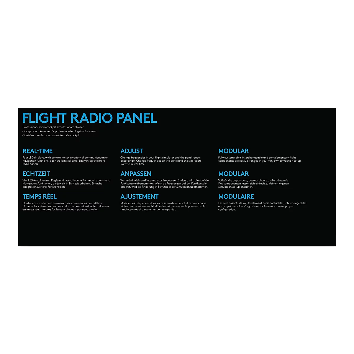 Text in Blau auf schwarzem Hintergrund: FLIGHT RADIO PANEL. Darunter Text in Deutsch, Englisch und Französisch. Drei Abschnitte: Echtzeit, Anpassen und Modular.