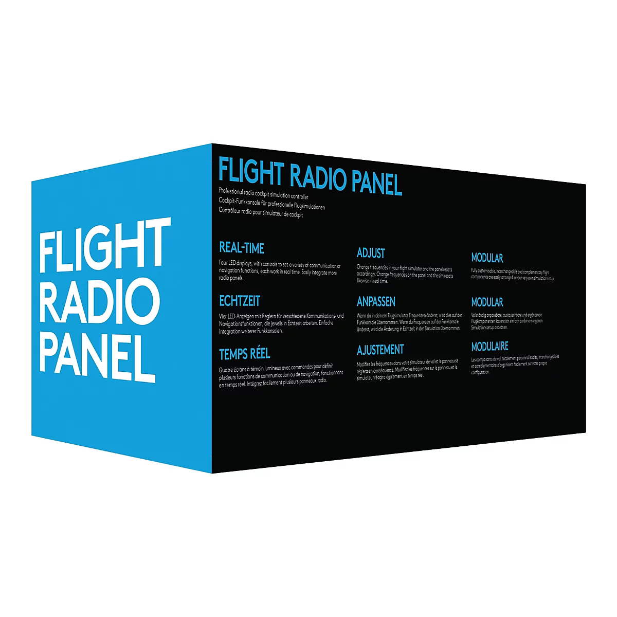 Blaues Banner mit weißem Schriftzug "FLIGHT RADIO PANEL" und Infotexten auf Englisch, Deutsch und Französisch.