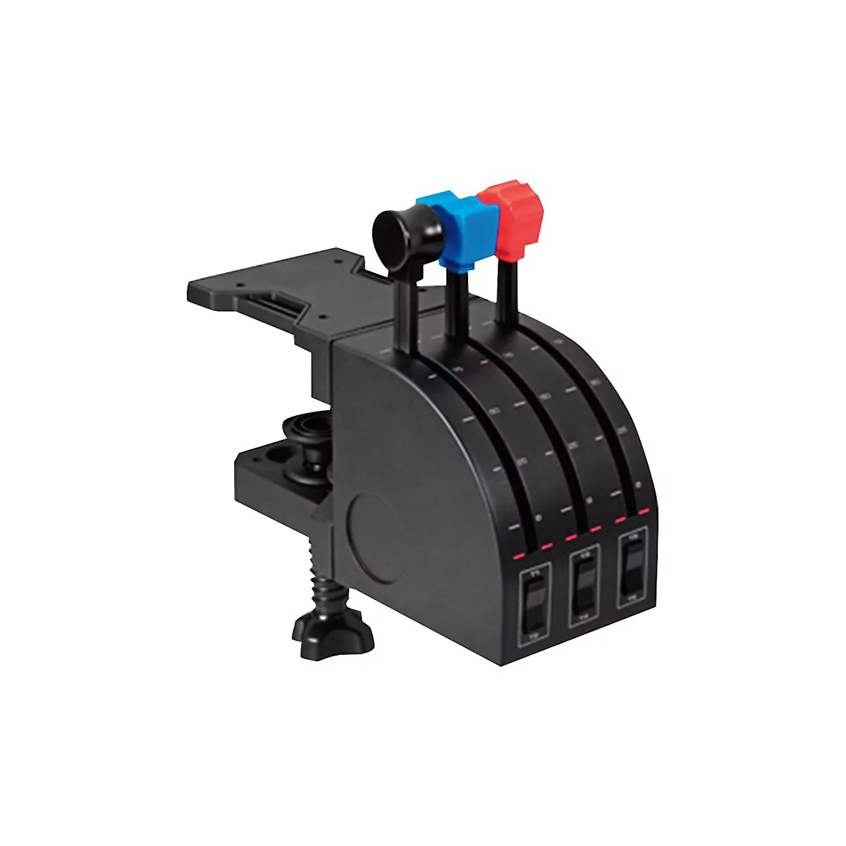 Ein schwarzes Flugsimulations-Tastenfeld mit drei farbigen Hebeln und Schaltern. Mit Zahlen und Linien markiert.