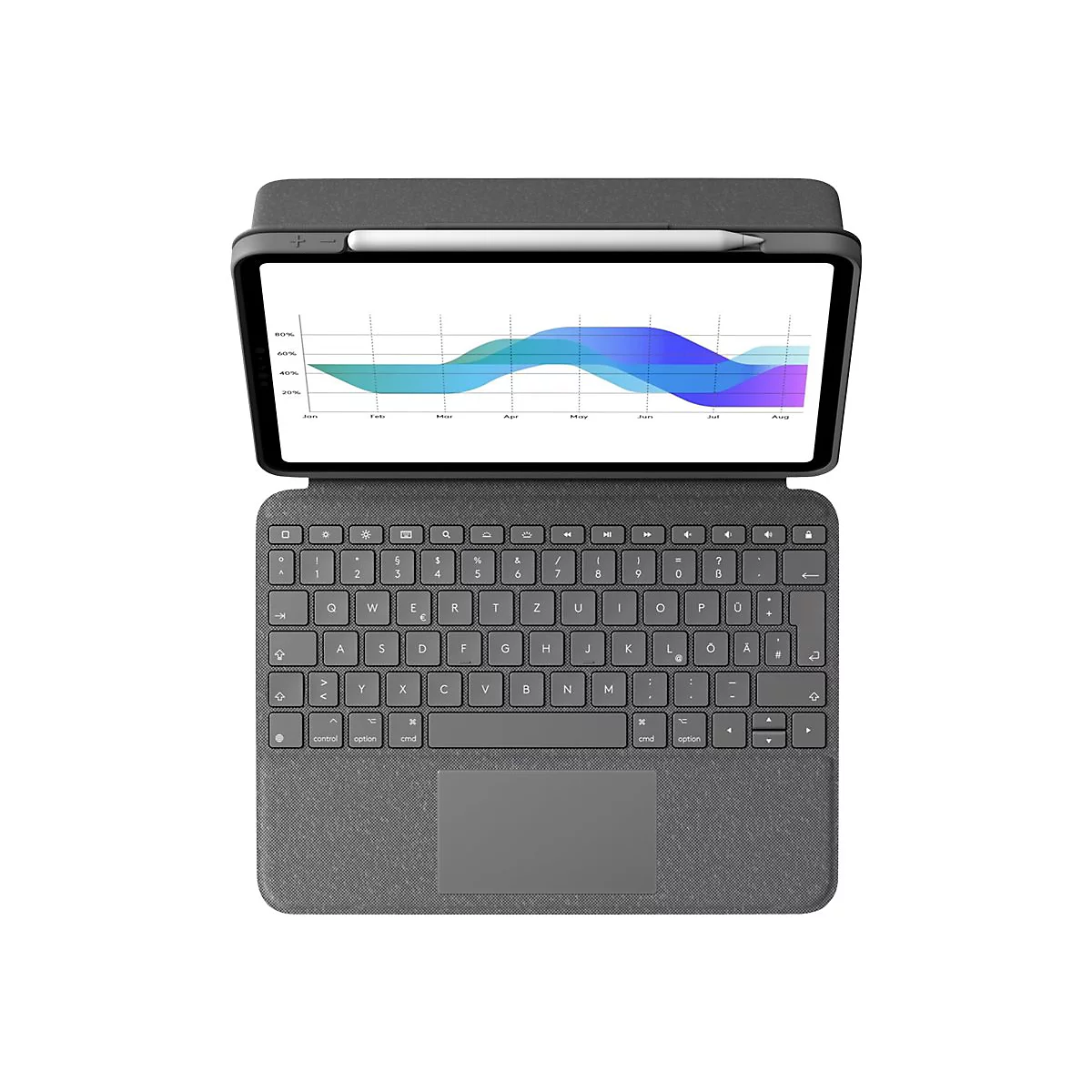 Draufsicht auf ein Tablet mit Tastatur, Stift und Diagramm auf dem Bildschirm.