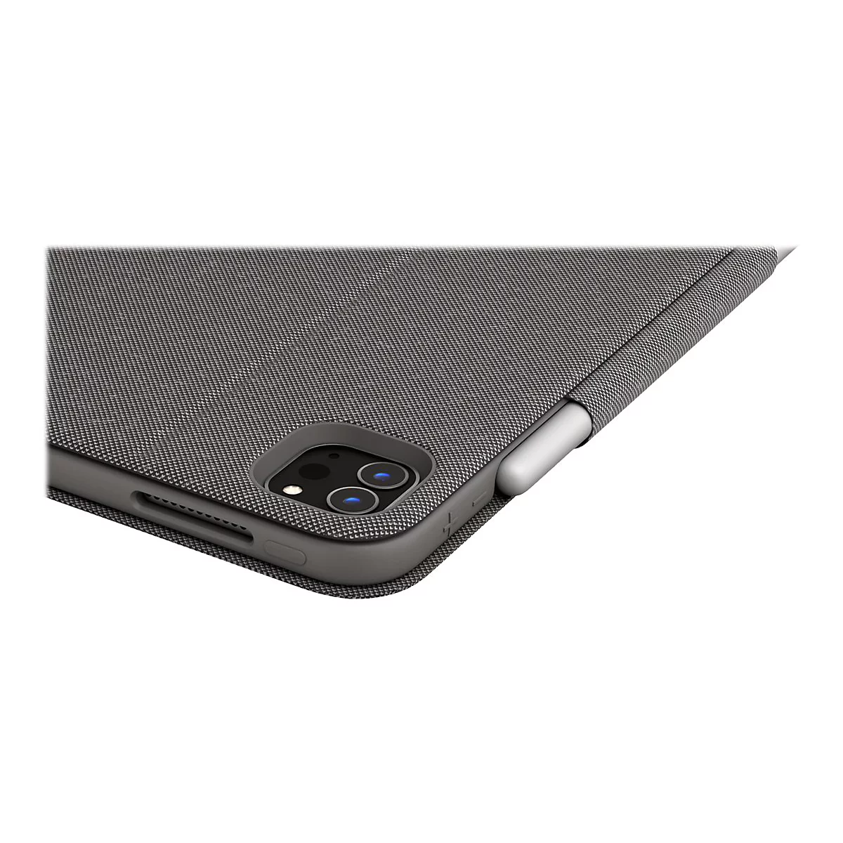 Detailaufnahme einer grauen Tablet-Hülle mit eingebettetem Stifthalter, in dem ein weißer Stift steckt.