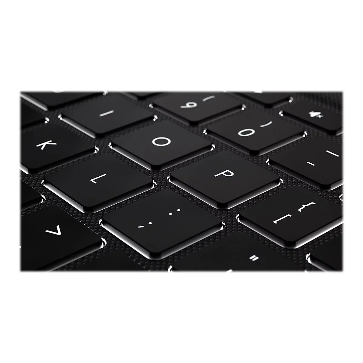 Nahaufnahme einer schwarzen Laptop-Tastatur, Buchstaben und Symbole sind weiß hervorgehoben.