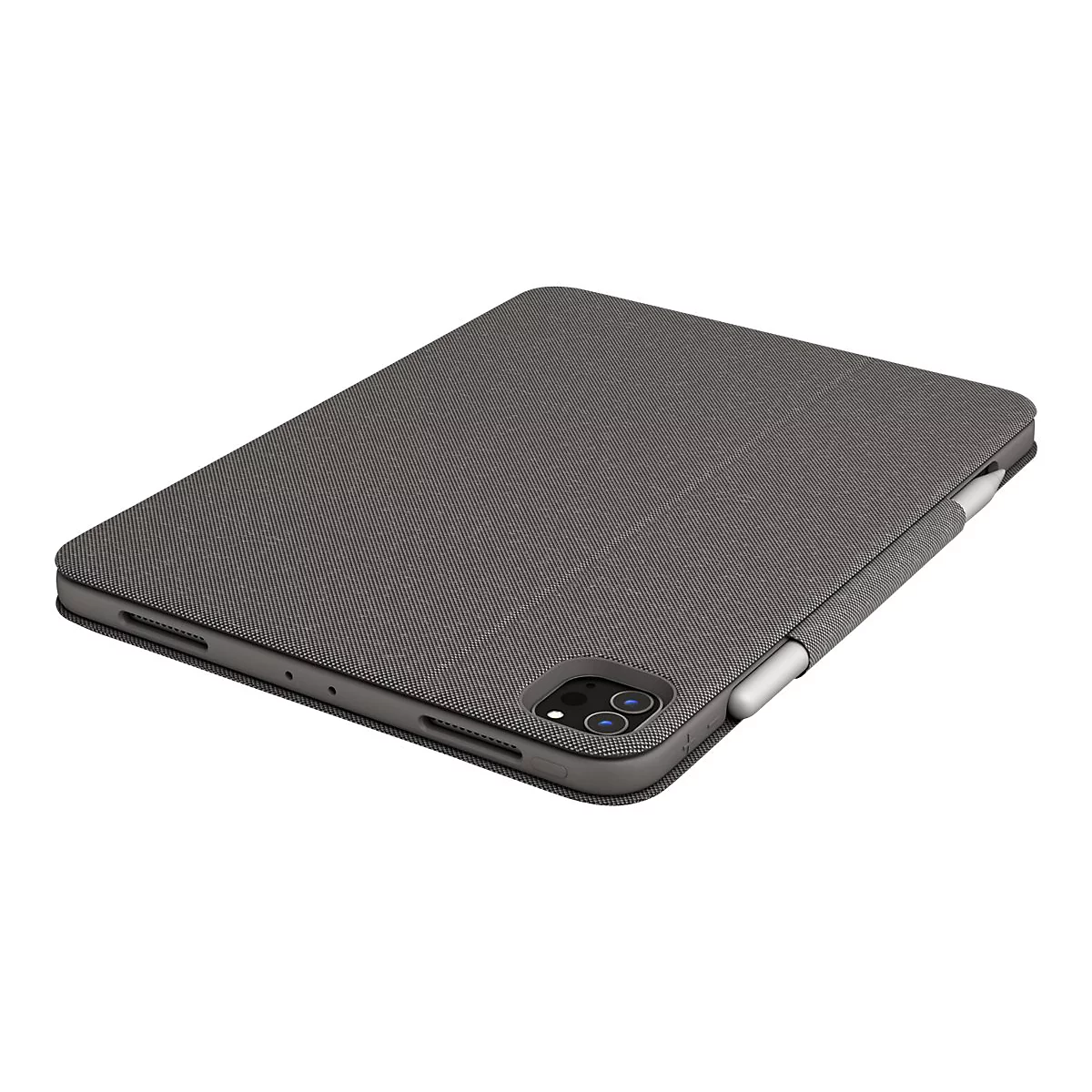 Dunkelgraue Tablet-Hülle mit einem Apple Pencil. Die Hülle ist aus Textil gefertigt.