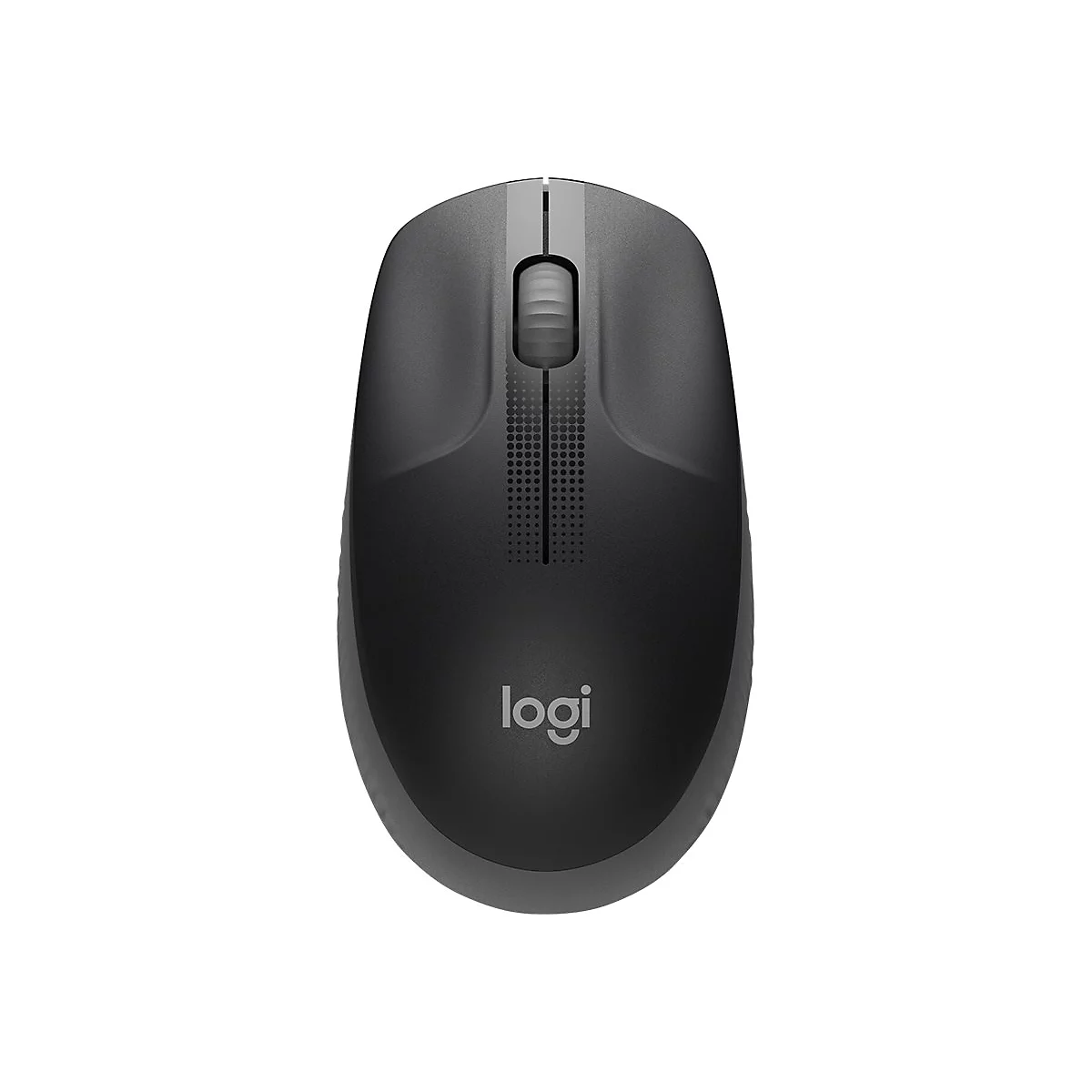 Souris noire sans fil avec molette de défilement et logo Logitech.