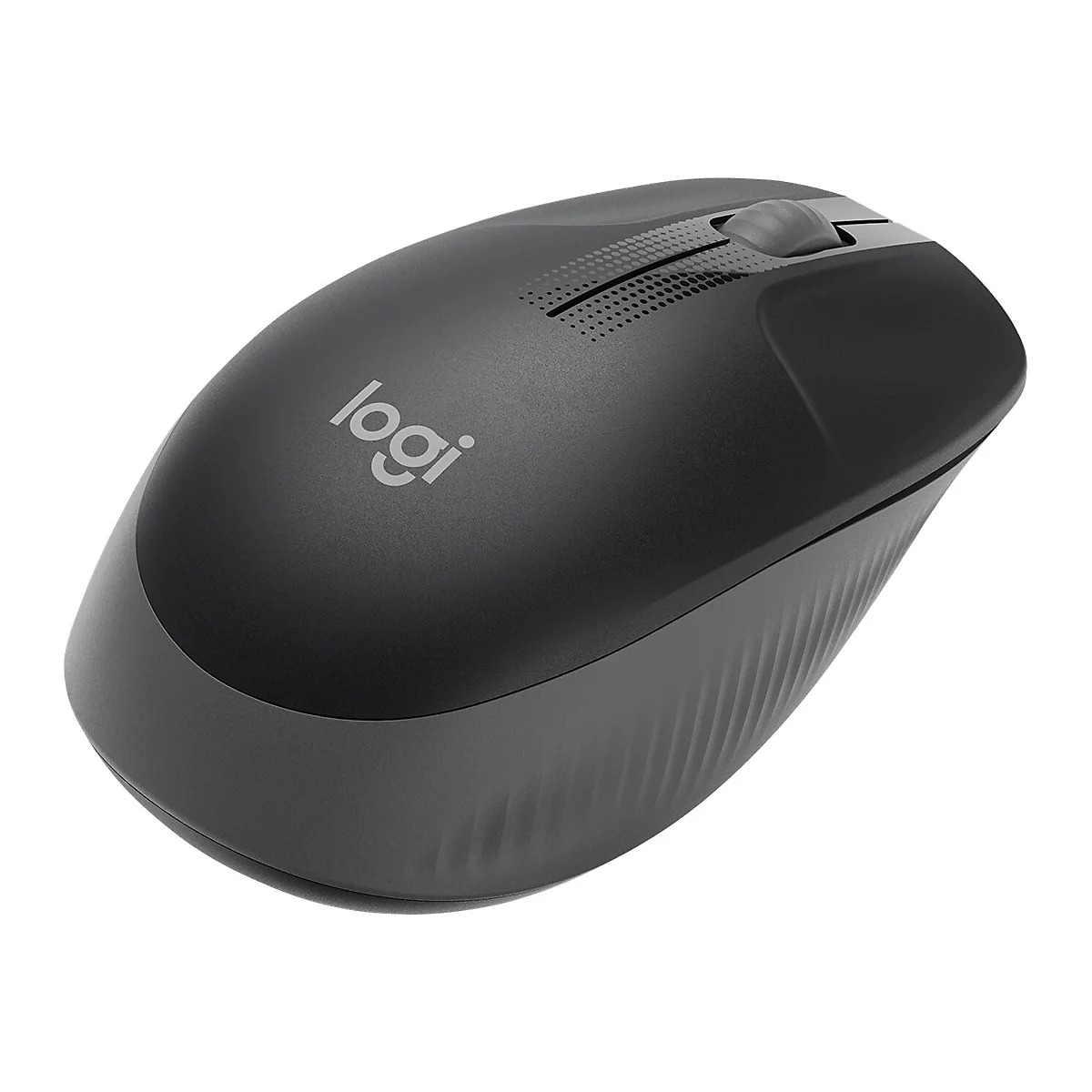 Souris Logitech noire sur fond blanc, logo sur le dessus.