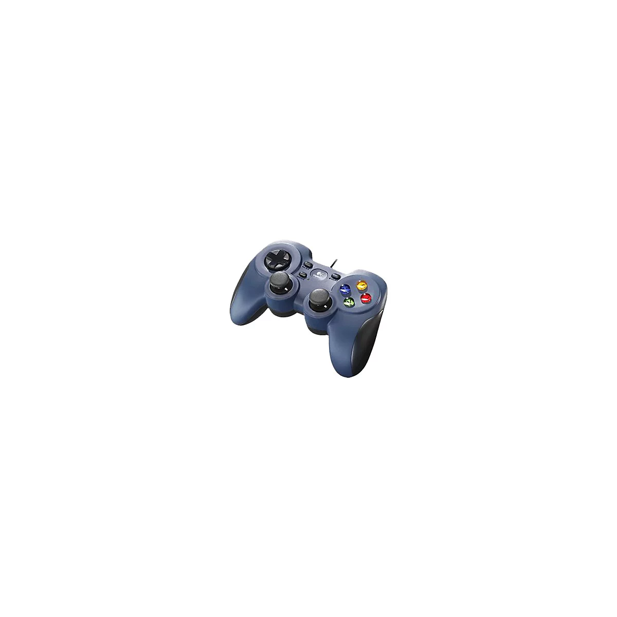 Manette de jeu bleu-gris avec boutons noirs et boutons d'action colorés, sur fond blanc.