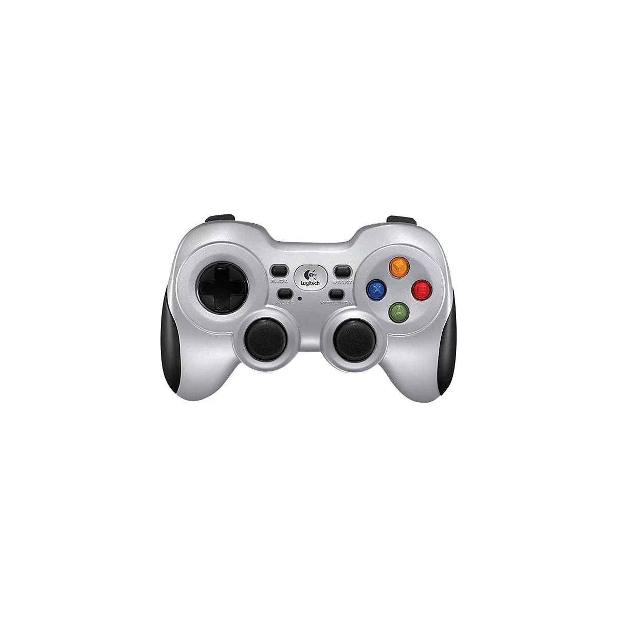 Manette Logitech argentée avec boutons et joysticks. Comprend le texte 'Logitech' et des boutons d'action colorés.