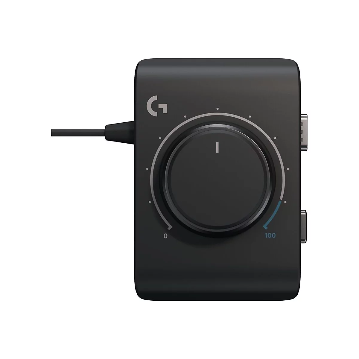 Schwarzes Audiogerät mit Drehregler und Logitech-Logo. Skala von 0-100.