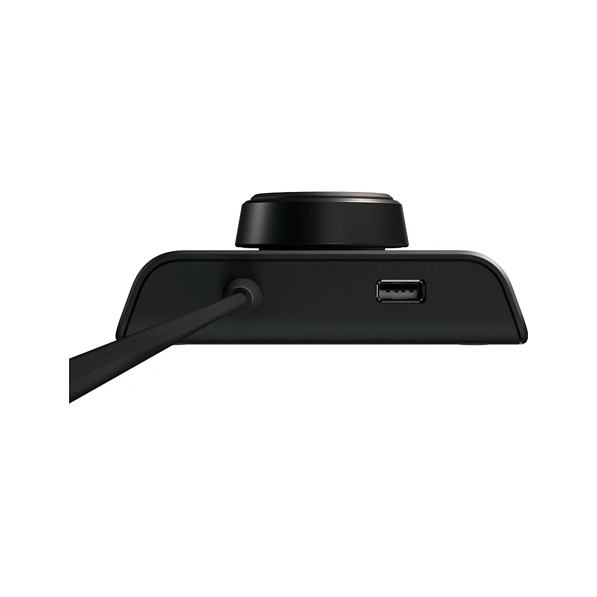 Schwarzes Steuergerät mit Drehregler und USB-Anschluss. Ein Kabel führt nach links.