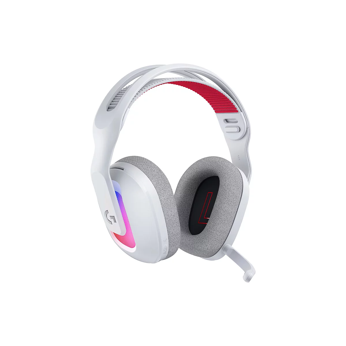 Weißes Gaming-Headset mit roten und grauen Akzenten. Das Headset hat eine gepolsterte Innenseite und Ohrmuscheln. Auf einer Ohrmuschel ist ein rotes "L" zu sehen.